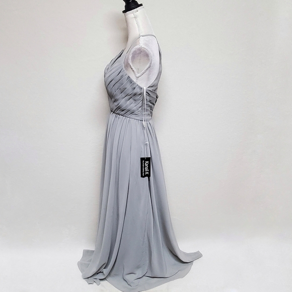 KANALI K Dove Grey Chiffon Pleated Surplice Neckline Empire Waist Maxi Dress 6 - Picture 3 of 14